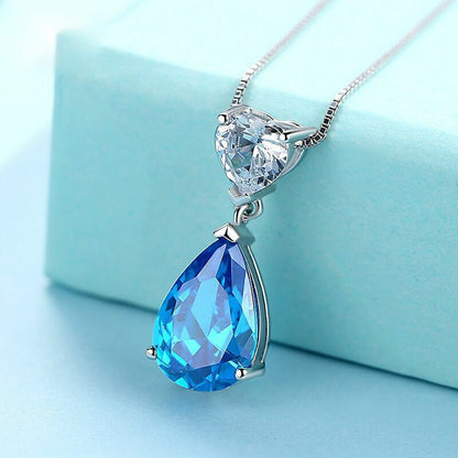 Crystal Heart Water Drop Pendant Necklace 925 Sterling Silver Womens Jewellery