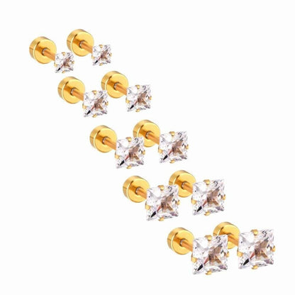 Screw Back Square 14K Gold Plated Stud Earrings Cubic Zirconia Women Men Girls
